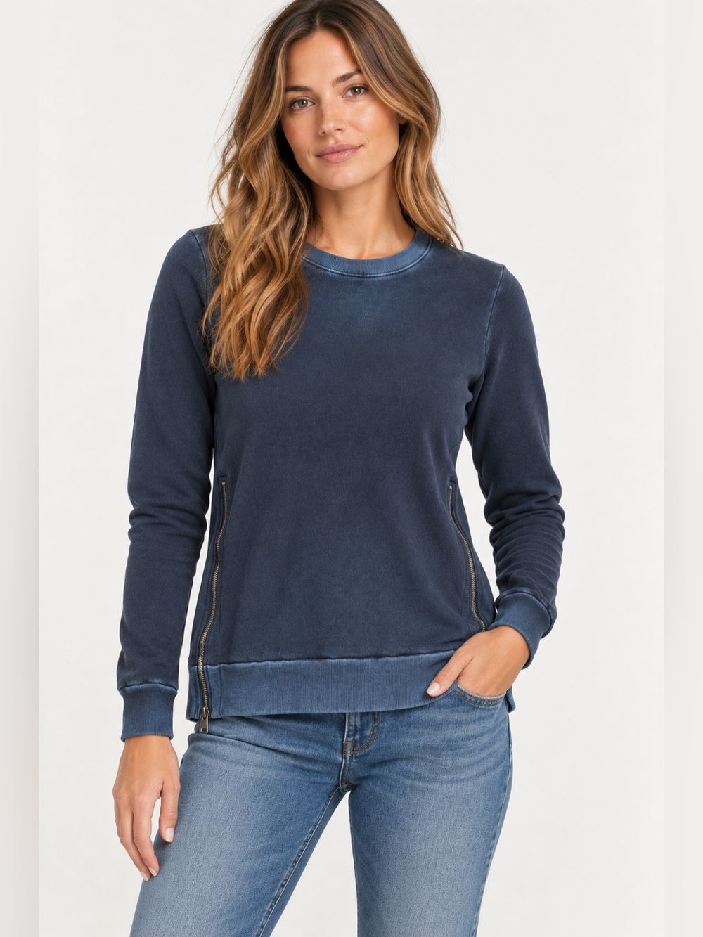 Cotton Citizen Navy Blue Washed Side Zip Crewneck Sweatshirt Top, Size S